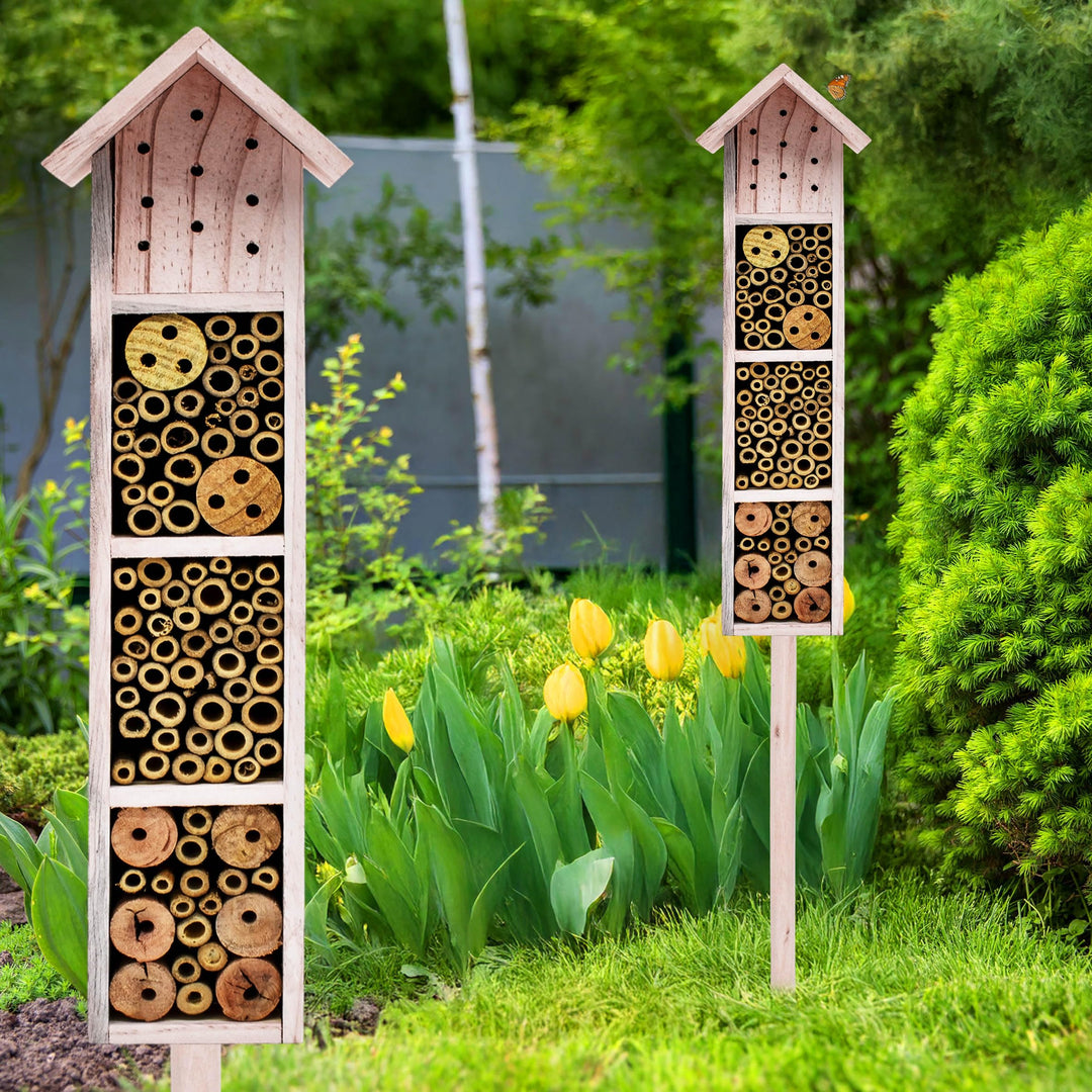 Holz Insektenhotel mit Erdspiess 78 cm - beige - Garten Deko Insektenhaus zum Aufstellen - Bienenhot