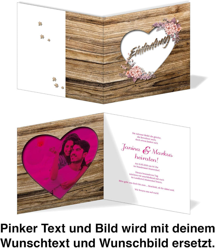 Rustikale Hochzeitskarte – Einladungskarte in Holz-Optik – Vintage Blumen Einladung für deine Hochze