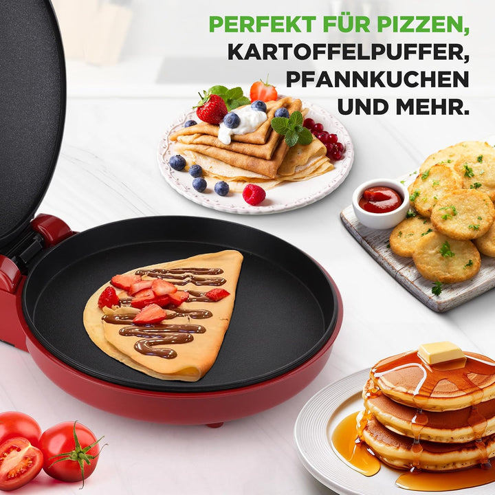 NutriChef Elektrischer Pizzaofen Rot – 1500W Kompaktgerät für 30cm Pizza Antihaftplatte für Pizza, T
