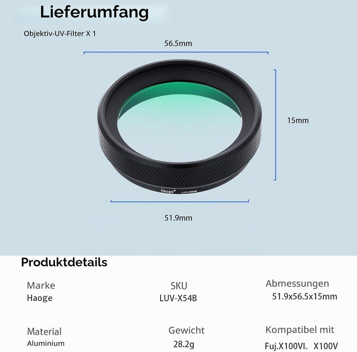 Haoge LUV-X54B Metall Gegenlichtblende Sonnenblende mit MC UV Filter Ultraviolett Schutzfilter für F