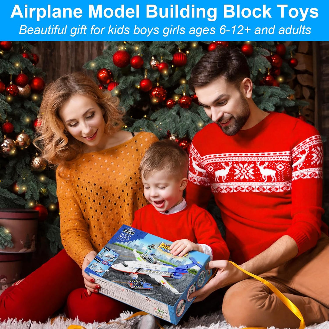 GuKKK City Passagierflugzeug Baukasten Set, 3 IN 1 Flugzeug Baukasten 744 PCS mit Terminal, Anhänger