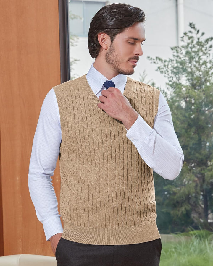 Kallspin Herren Strickweste Pulunder Ärmellos Zopfstrick V-Ausschnitt aus Wollmischung XL Tall Kaffe