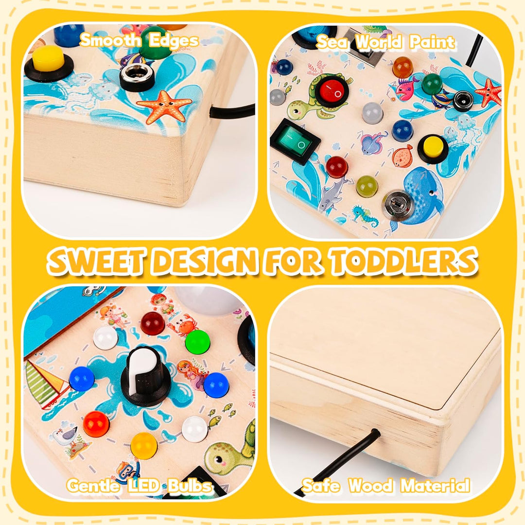 BatdTech Montessori Spielzeug Busy Board mit 15 LED Lichtschalter, Holzspielzeug Motorikspielzeug Ac
