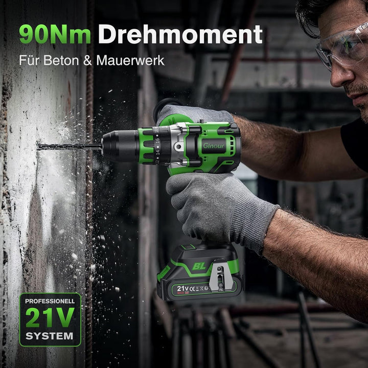 Ginour 21V Bürstenlos Akku Schlagbohrschrauber Set, 90 Nm, 2x2Ah 10C Akku, kompatibel mit Makita 18V