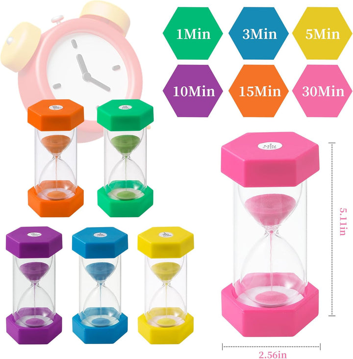 6 Stück Bunter Sanduhren für Kinder, Buntes Sanduhren Set 1/3/5/10/15/30 Minuten, Zeitmesser Sanduhr