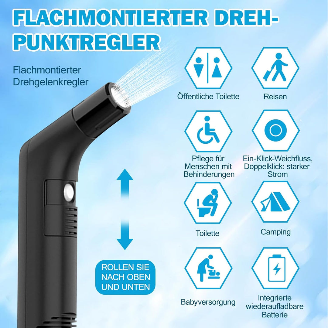 Reise Bidet Elektrisch, 2,3 L Wiederaufladbares Portable Bidet, Popodusche mit 1,2 m Filterwasserlei
