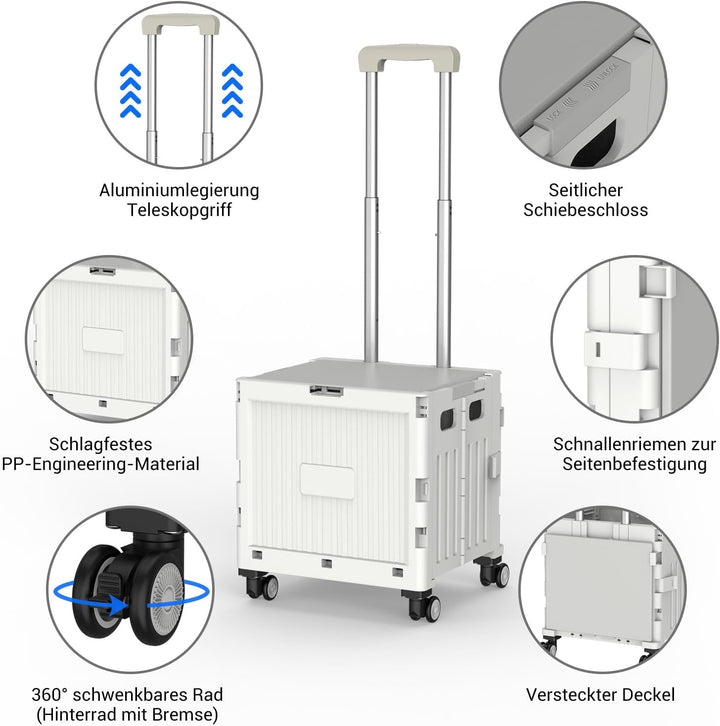 Einkaufstrolley klappbar, Einkaufswagen bis 30 kg, Transportbox mit 4 Rollen, Shopping Trolley Verst