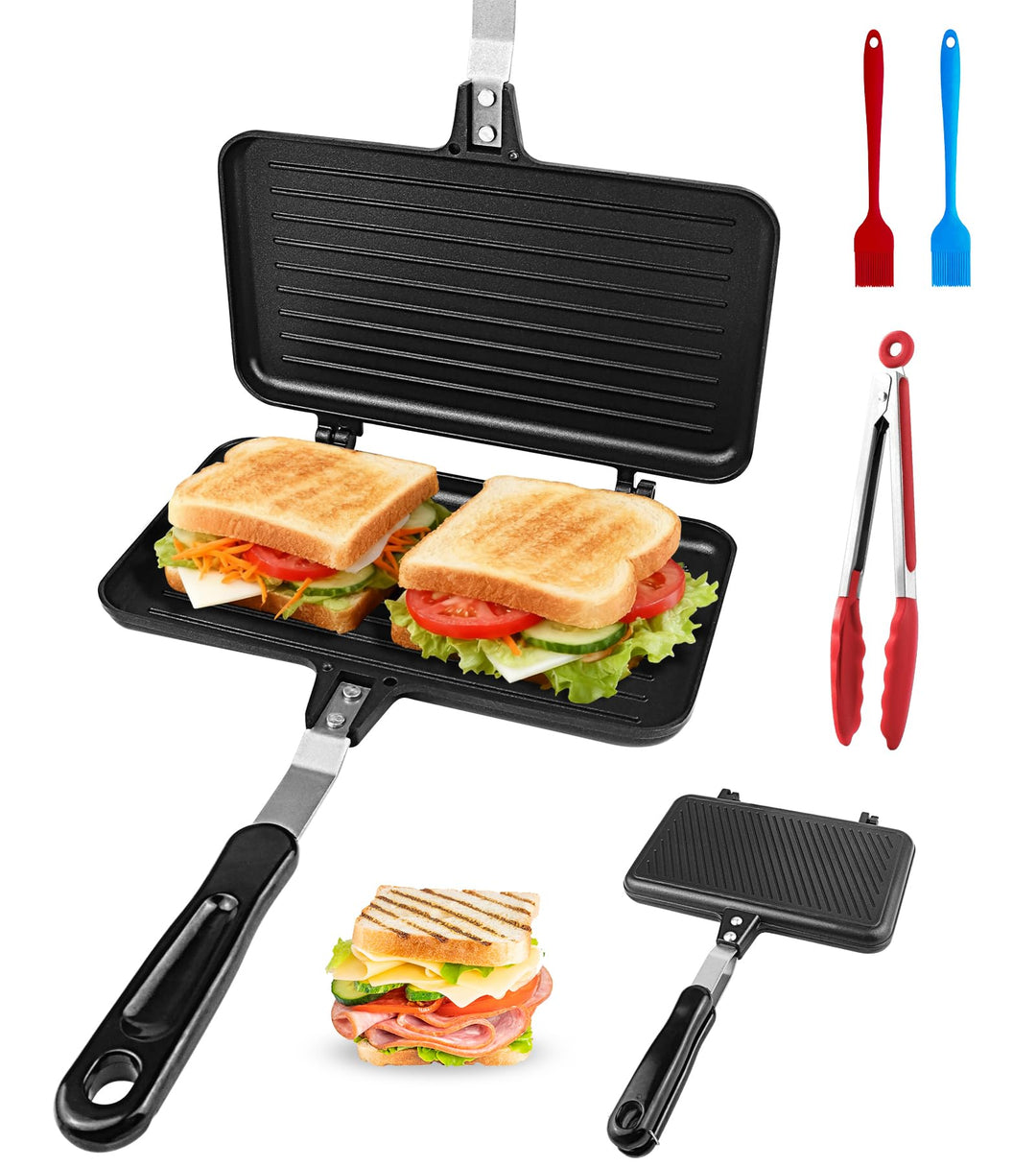 4 Stücke Doppelseitige Bratpfanne,Sandwich Maker mit 1 Küchenzange aus Edelstahl und 2 Silikonpinsel