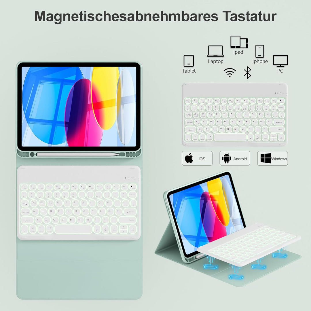 ZOPSGYU Hülle mit Tastatur für iPad A16 11/10 Generation 2025/2022, 11/10,9 Zoll, Farben Beleuchtete