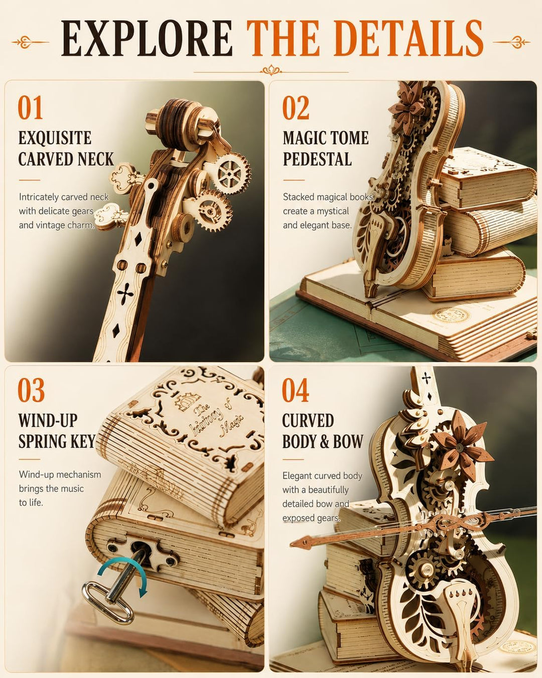 ROKR 3D Holz Puzzle Modellbausatz Spieluhr, DIY Holzpuzzle Magisches Cello Geschenke und Dekoration