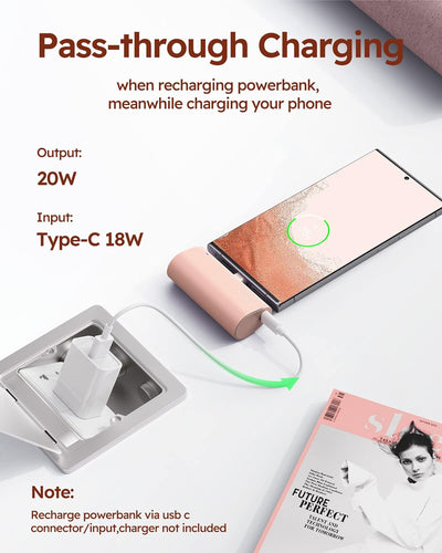 VEGER Power Bank USB C 5000mAh, 20W PD Mini Powerbank USB C Klein Aber Stark Externer Handyakkus,Kom