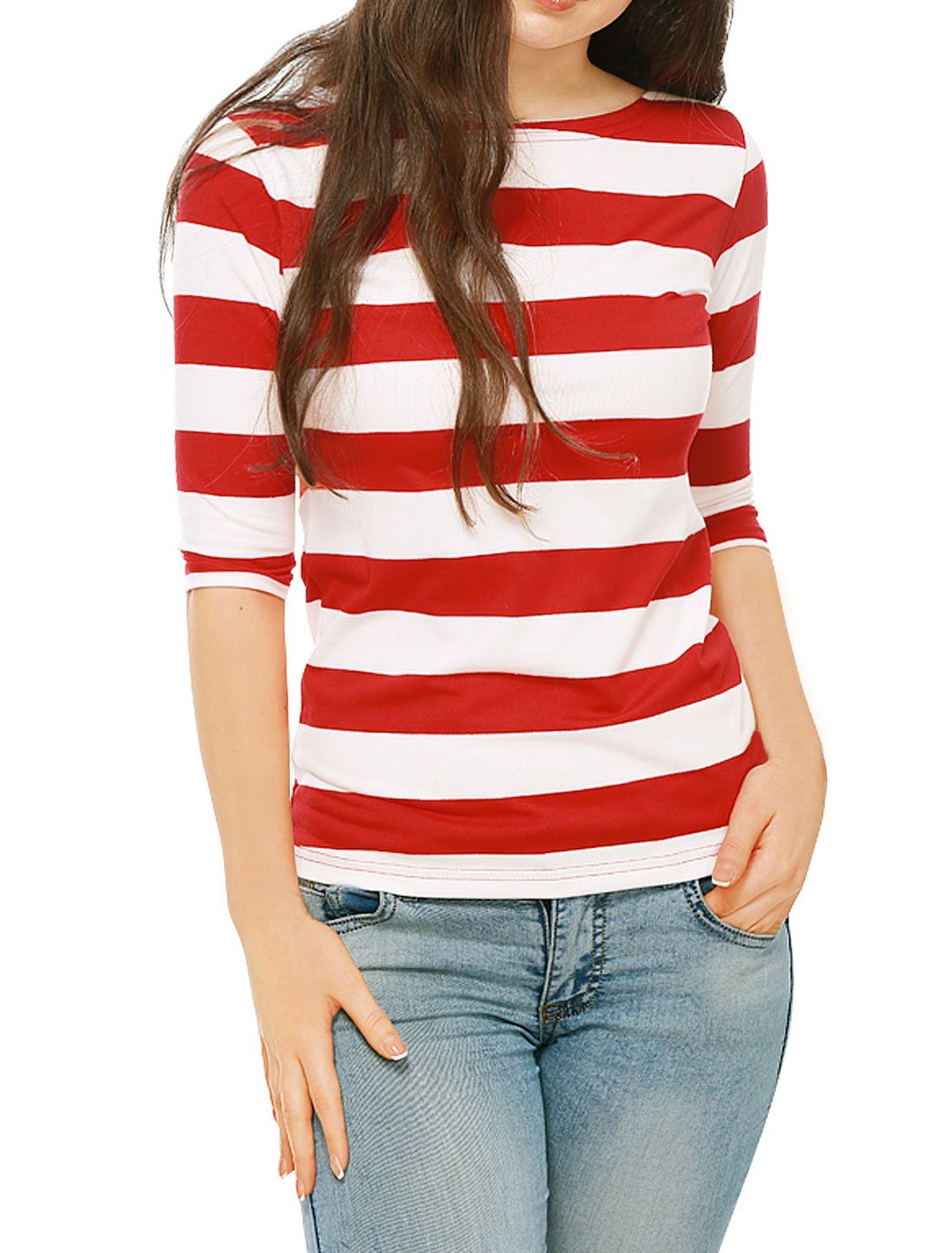 Allegra K Damen Gestreiftes Shirt U Boot Ausschnitt Halbarm Party Ferien Streifen Top Bluse XS Rot,