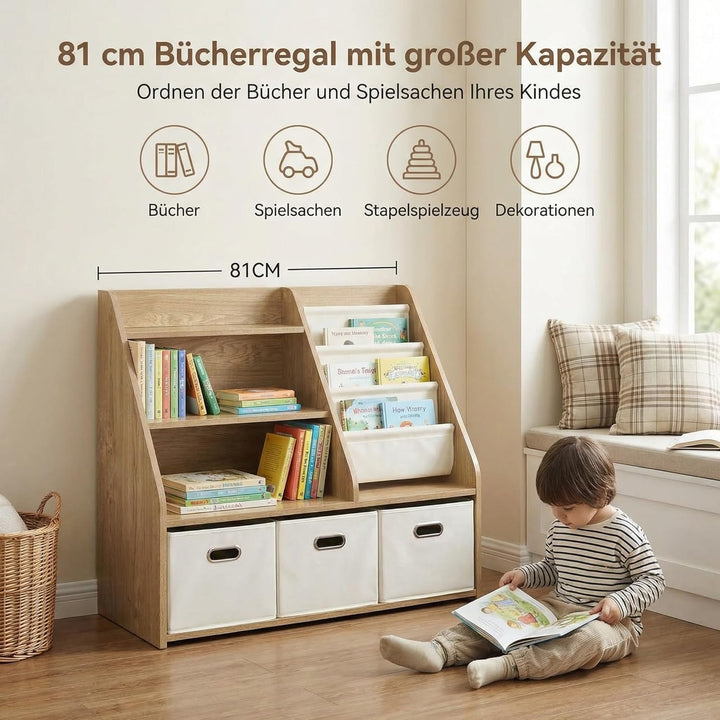 Kinder Bücherregal mit Aufbewahrung – 4‑stufiges Montessori Spielzeugregal aus Holz mit 3 Schubladen