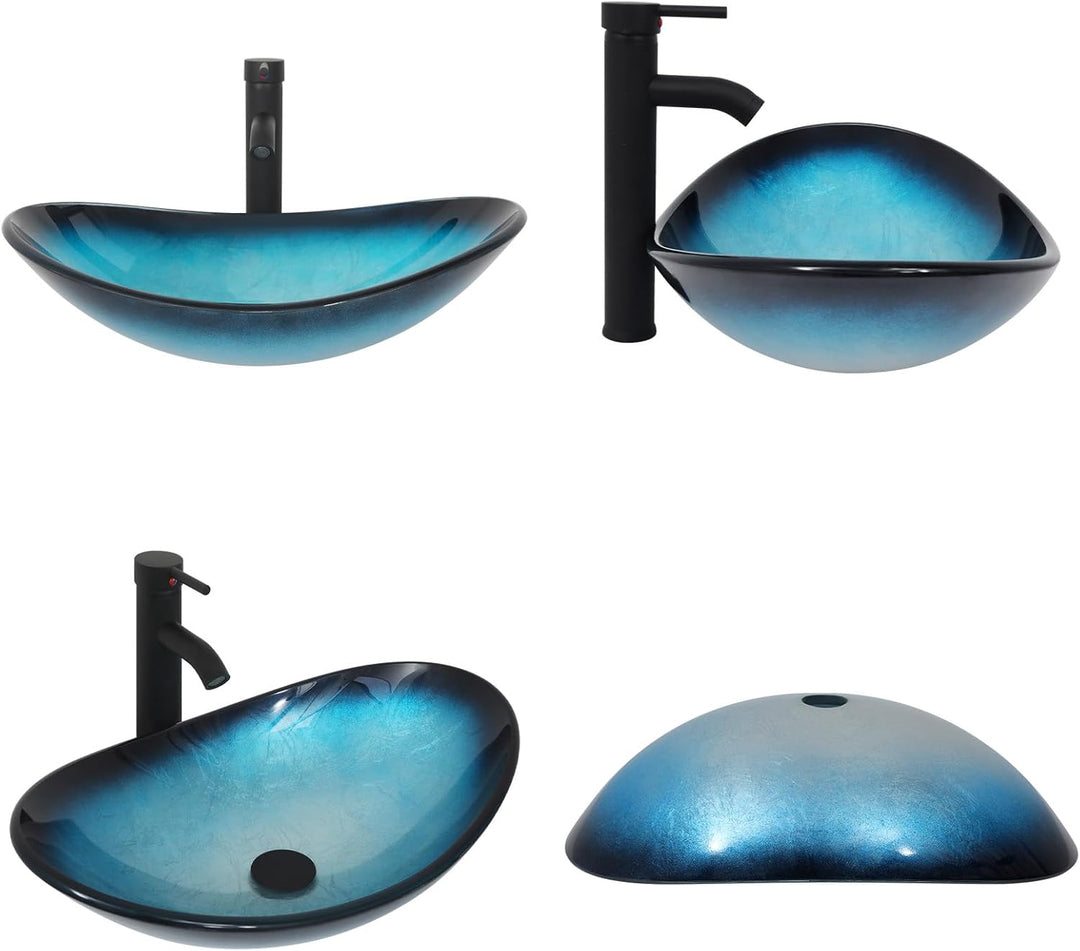ARTETHYS Waschbecken Glas Aufsatzwaschbecken mit Wasserhahn Ablaufgarnitur, Oval Waschschale Waschti