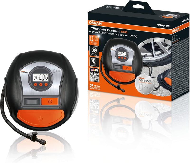 OSRAM TYREinflate Connect 650, Digitales Reifenfüllgerät mit Auto-Stopp und LED Licht, tragbarer 12V