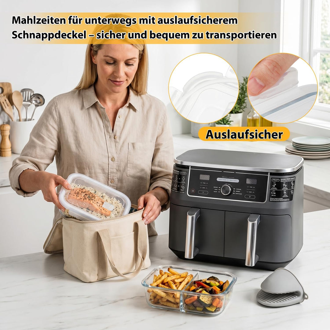 BYKITCHEN 2 Stück Glas Auflaufform für Airfryer mit Deckel & Silikon Ofenhandschuhe, Airfryer Zubehö