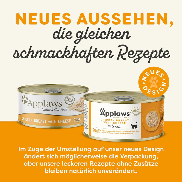 Applaws Premium Natural Katzenfutter Nass, Huhn mit Käse in Brühe 70g Dose (24x70g) Hähnchenbrust mi