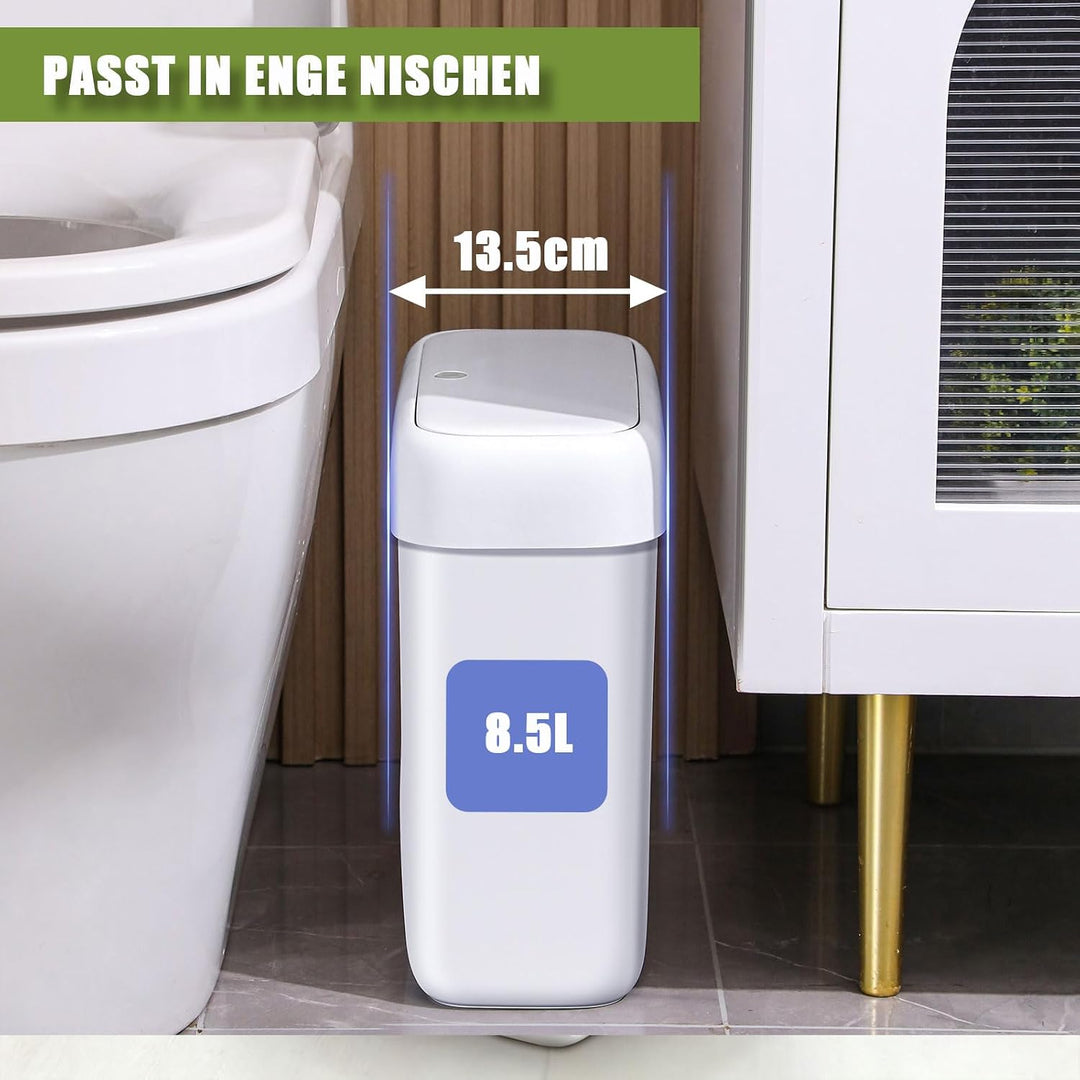 funest Mülleimer Bad mit Deckel, Schmaler Badmülleimer Weiss, Kleiner Mülleimer mit Druckknopf-Decke