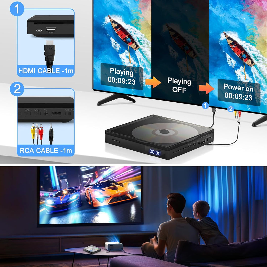Mini-DVD-Player für TV, Multi-Regionen-DVD-Player USB, CD, MP3-Wiedergabe | 1080P HD Upscaling, Spei