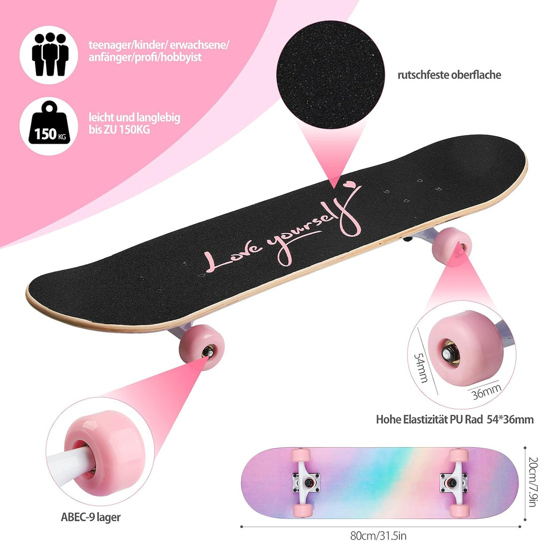 ILAHUI Skateboard Mädchen Erwachsene Kinder Teenager - 7 Stöckiges Ahorn Deck 80 X 20 cm mit Rucksac