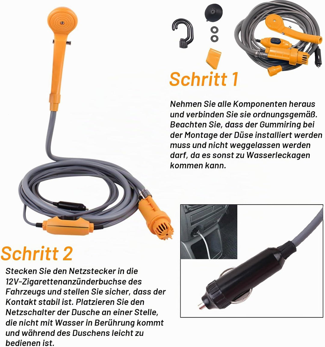 PORFOYO Campingdusche Camping Dusche, 12V Tragbare Campingdusche mit Handbrause und Schlauch, Campin