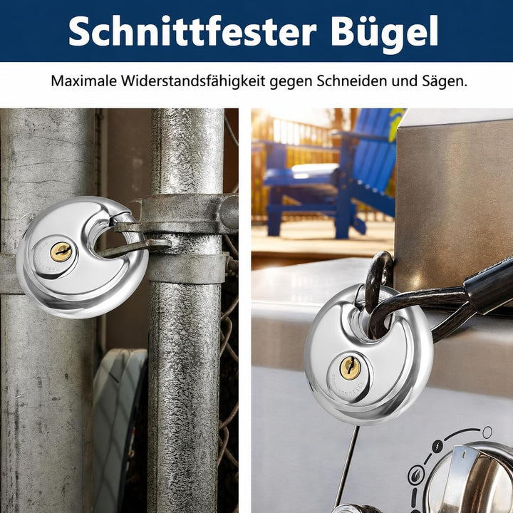 6 Stück Edelstahl Rundes Vorhängeschloss mit Schlüssel, Schweres 70 mm Schlüsselschloss für Lagercon