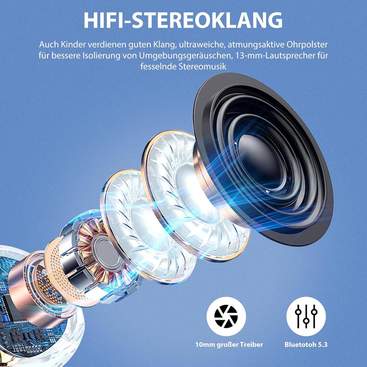 In-Ear Bluetooth Kopfhörer Kinder, Kopfhörer Bluetooth Kinder mit Mikrofon, HD Stereo, 30-Stunden-Ak