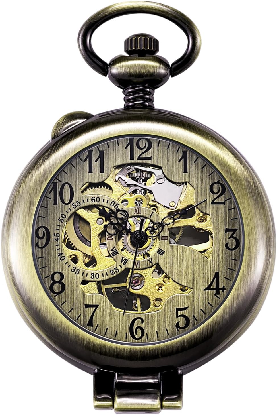 TREEWETO Unisex Taschenuhr mit Kette Analog Handaufzug Stehende Lupe Skelett Bronze
