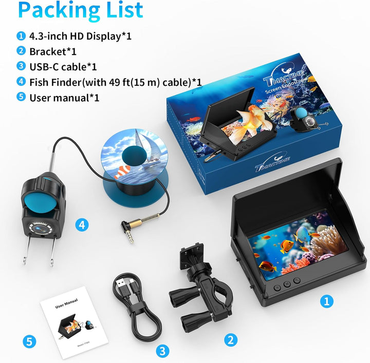 1080P HD Fischfinder Echolot Angeln mit 4.3-Zoll-LCD, 15 m Wasserdichtem IP68-Kabel und 6 IR-Nachtsi