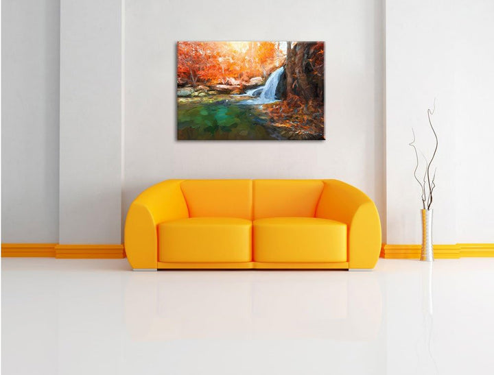 Pixxprint Wasserfall im Wald / 100x70cm Leinwandbild bespannt auf Holzrahmen/Wandbild Kunstdruck Dek