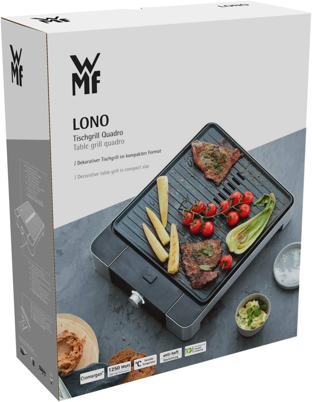 WMF Lono Tischgrill Quadro, Elektrogrill mit kompakter Grillfläche, spülmaschinenfest, 1250 W