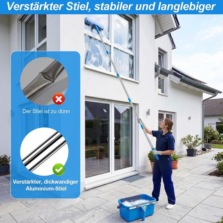 Fensterputzer Set, 3,25m Profi Teleskopstange Fensterreinigung mit Fensterputzeimer 12L, Fensterrein