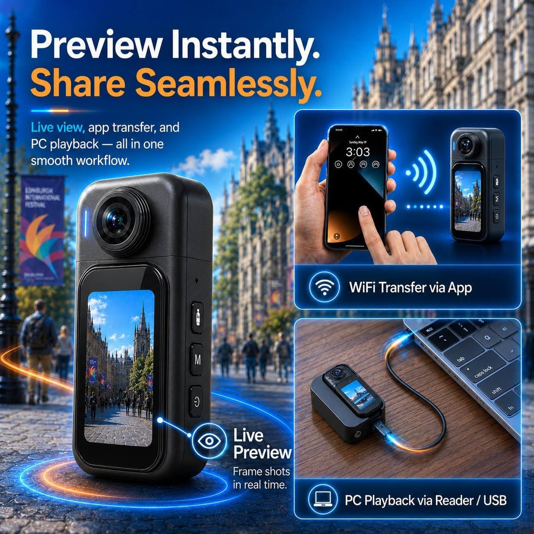 Body Camera with 180° Rotatable Lens and Water-Proof Case for Diving, WiFi Thumb-Sized Action Camera