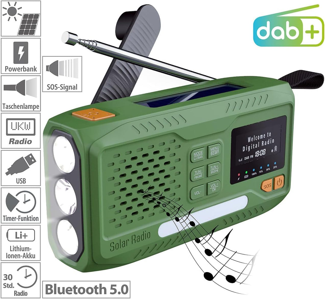 infactory Notfallradio: Mobiles DAB+-Kurbelradio mit EWF, Solarpanel, LED, USB, Bluetooth 5 (Radios,