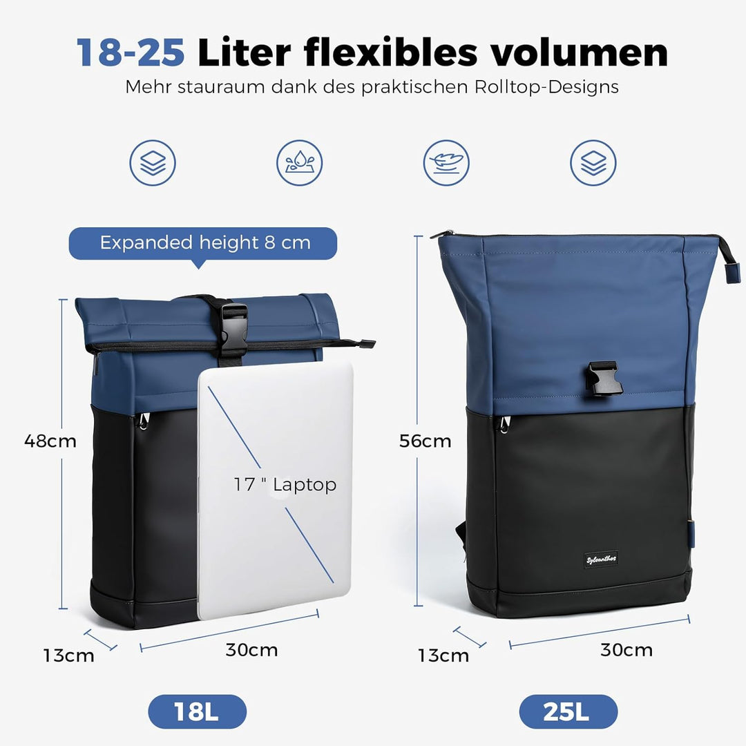 Wasserdicht Rucksack, Laptop Rolltop Rucksack für Herren & Damen Mit Diebstahlsichere Reissverschlus