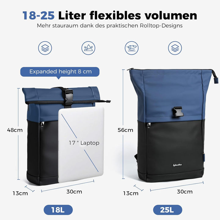 Wasserdicht Rucksack, Laptop Rolltop Rucksack für Herren & Damen Mit Diebstahlsichere Reissverschlus