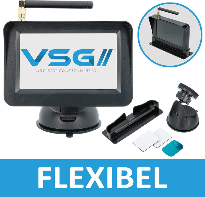 VSG24 4,3“ Funk Rückfahrsystem Select ONE für PKW, KFZ Set kabellos inkl. Rückfahrkamera + Monitor,