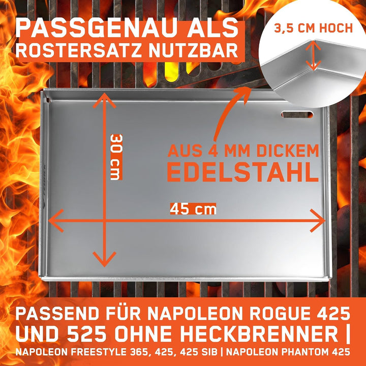 FENNEK Plancha für Napoleon 45 x 30 x 3,5 cm mit Vorderkante | 4,0 mm Edelstahl | Spülmaschinenfest