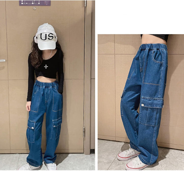 Rolanko Mädchen Jean Hosen Loch Denim Blau Jeans, Vintage Hose mit weitem Bein für Kinder Fit 6-7 Ja