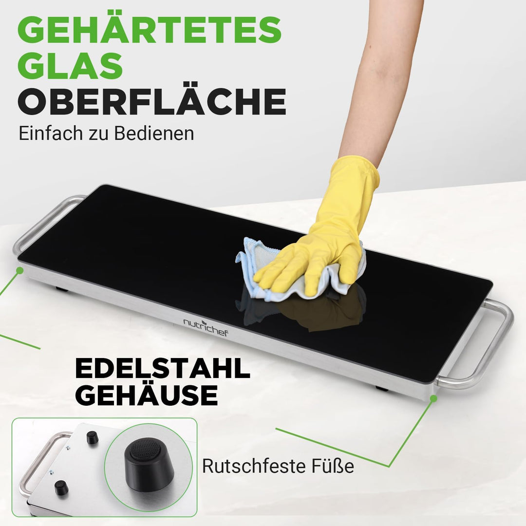 NutriChef Warmhalteplatte Elektrisch – 56,9 × 17 cm Glas-Kochplatte mit Griffen für Speisen, Für Buf
