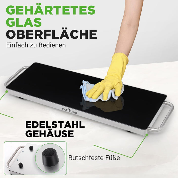 NutriChef Warmhalteplatte Elektrisch – 56,9 × 17 cm Glas-Kochplatte mit Griffen für Speisen, Für Buf