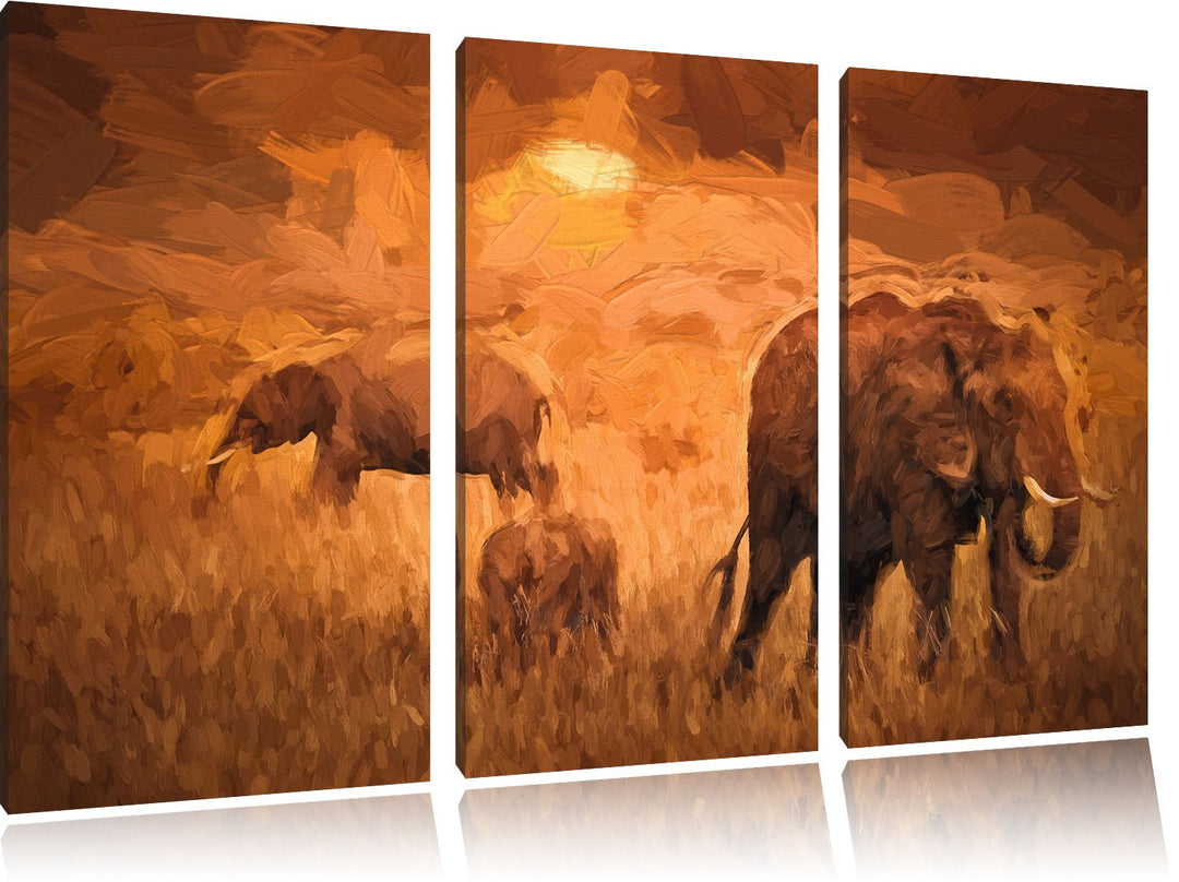 Pixxprint Elefanten in der Savanne als Leinwandbild/Grösse: 3 Teilig (120x80 cm) cm/Wandbild/Kunstdr