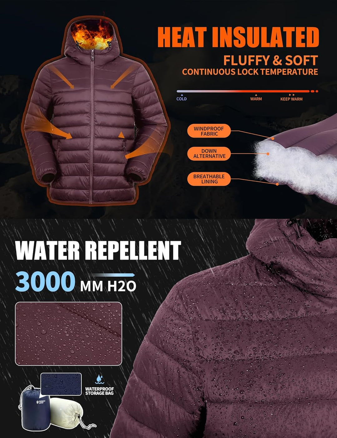 Herren Steppjacke Leichte Daunenjacken Winterjacke Übergangsjacke Outdoorjacke mit Kapuze und 6 Tasc