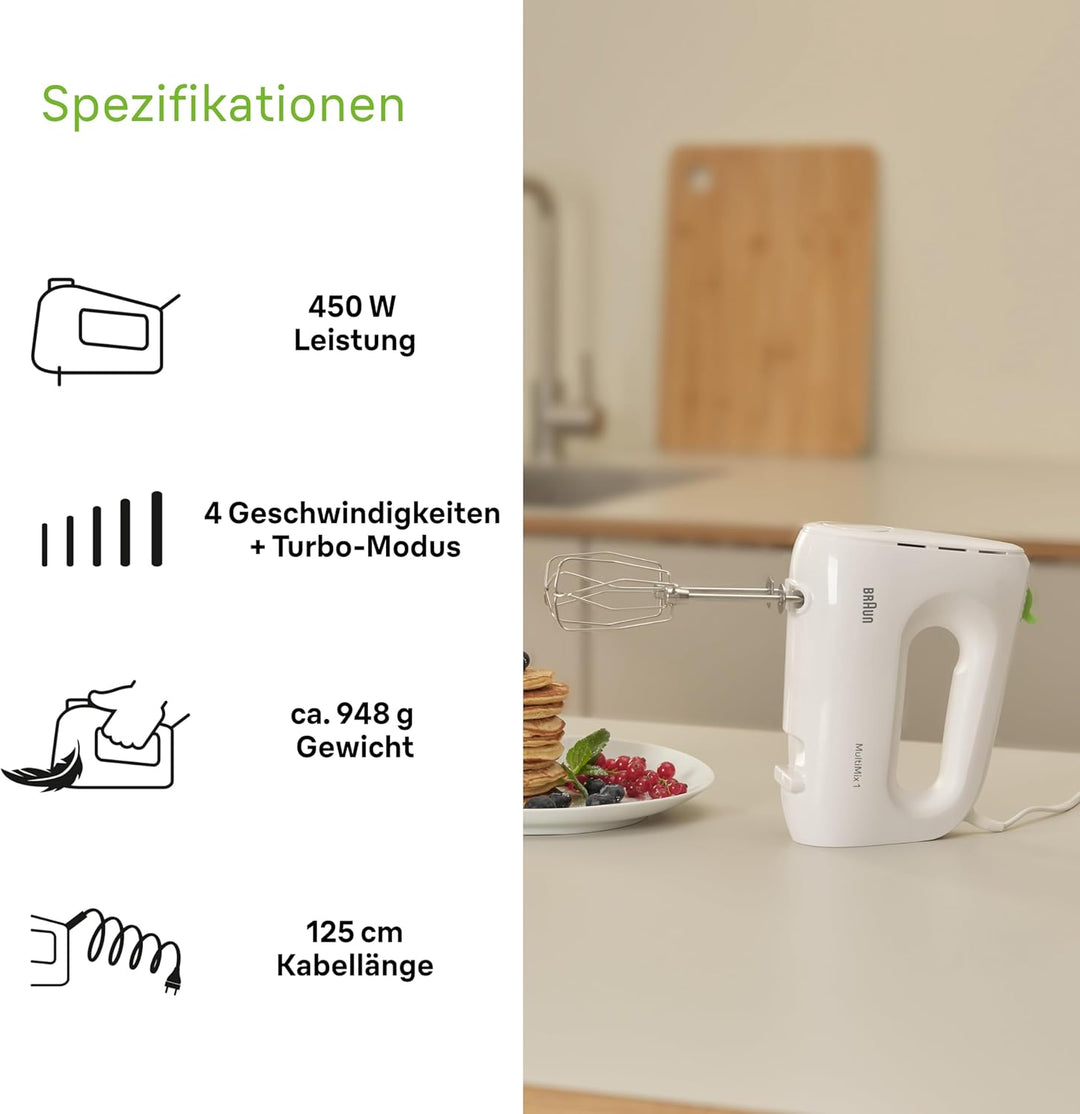 Braun Household MultiMix 1 HM 1100 WH Handmixer - Handrührgerät mit 4 Geschwindigkeitsstufen plus Tu
