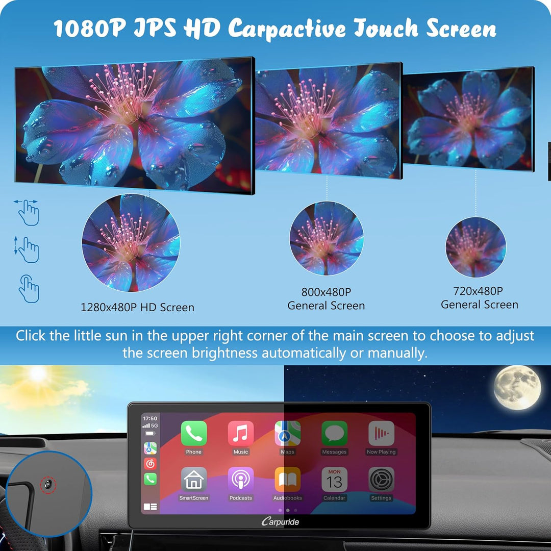 Carpuride W103 Pro mit Kabelloser Bluetooth-Übertragung, Tragbares Carplay und Android Auto-Autoradi