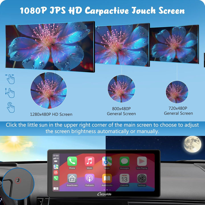 Carpuride W103 Pro mit Kabelloser Bluetooth-Übertragung, Tragbares Carplay und Android Auto-Autoradi