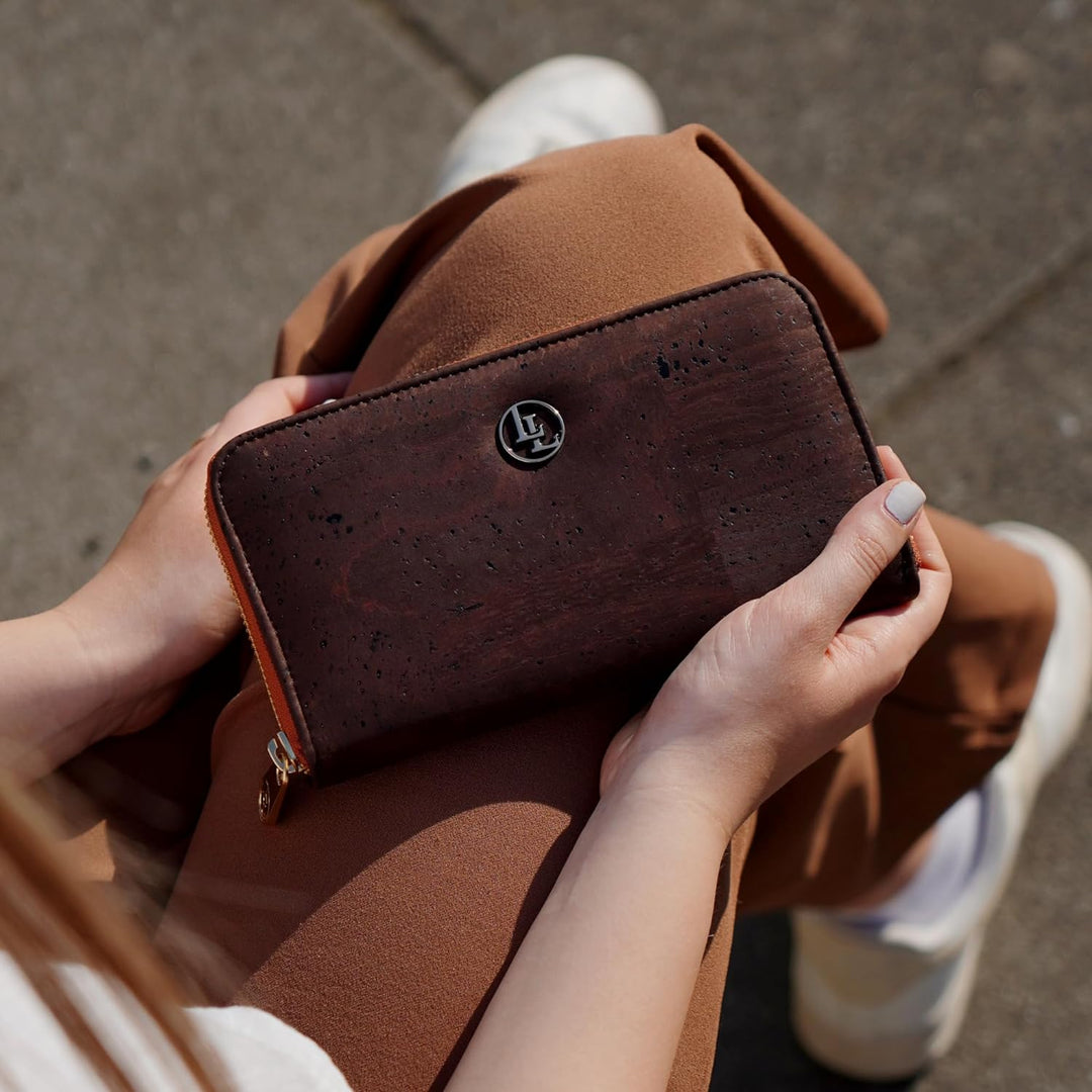 Damen Geldbörse aus veganem Korkleder Gross, Frauen Portemonnaie mit RFID-Schutz, Vegan Wallet, Kork