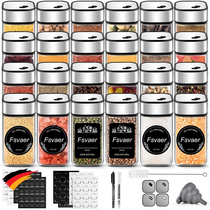24 Gewürzgläser Eckig,120ML Gewürzdosen Set mit Streueinsatz,Gewürzstreuer mit Drehdeckel-Starke Ver