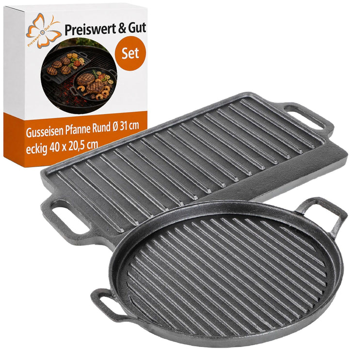 2 STK Gusseisenpfanne Rund D 31 cm, Grillplatte Länge 40 mit Griffe | Runde Servierpfanne und Grillp