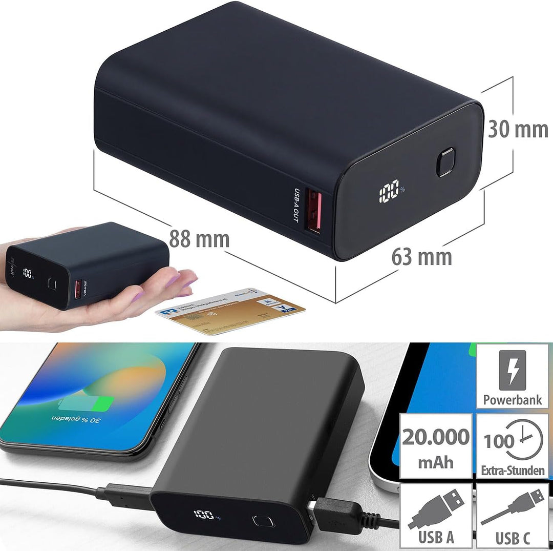 revolt USB Powerbank: Ultrakompakte Powerbank im Kreditkarten-Format, 20.000mAh, LED-Display (Mini-P